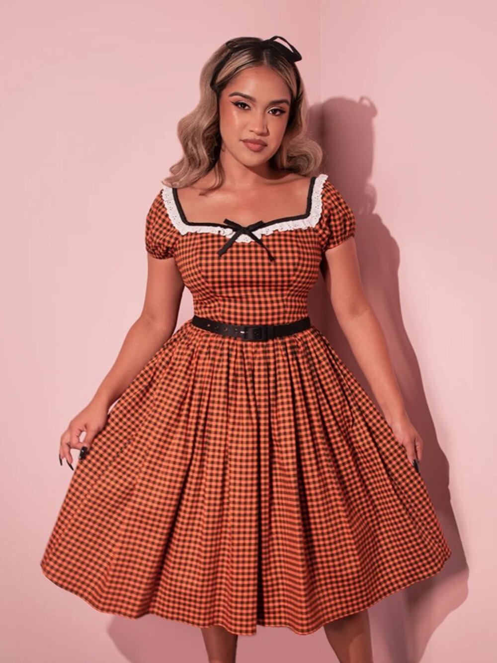 Bardot Beauty Swing Dress in Orange Pumpkin Gingham - Vixen by Micheline Pitt